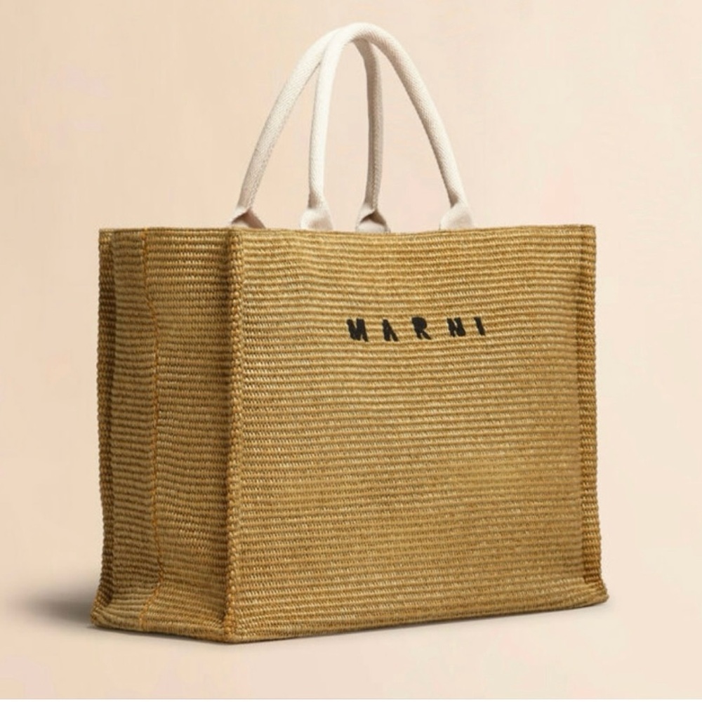 Marni Large Raffia Tote Bag in Tan & White | New With Tags